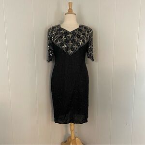 Vintage 100% Silk Sequin Beaded Short Sleeve Jewel Neck Sheath Dress
